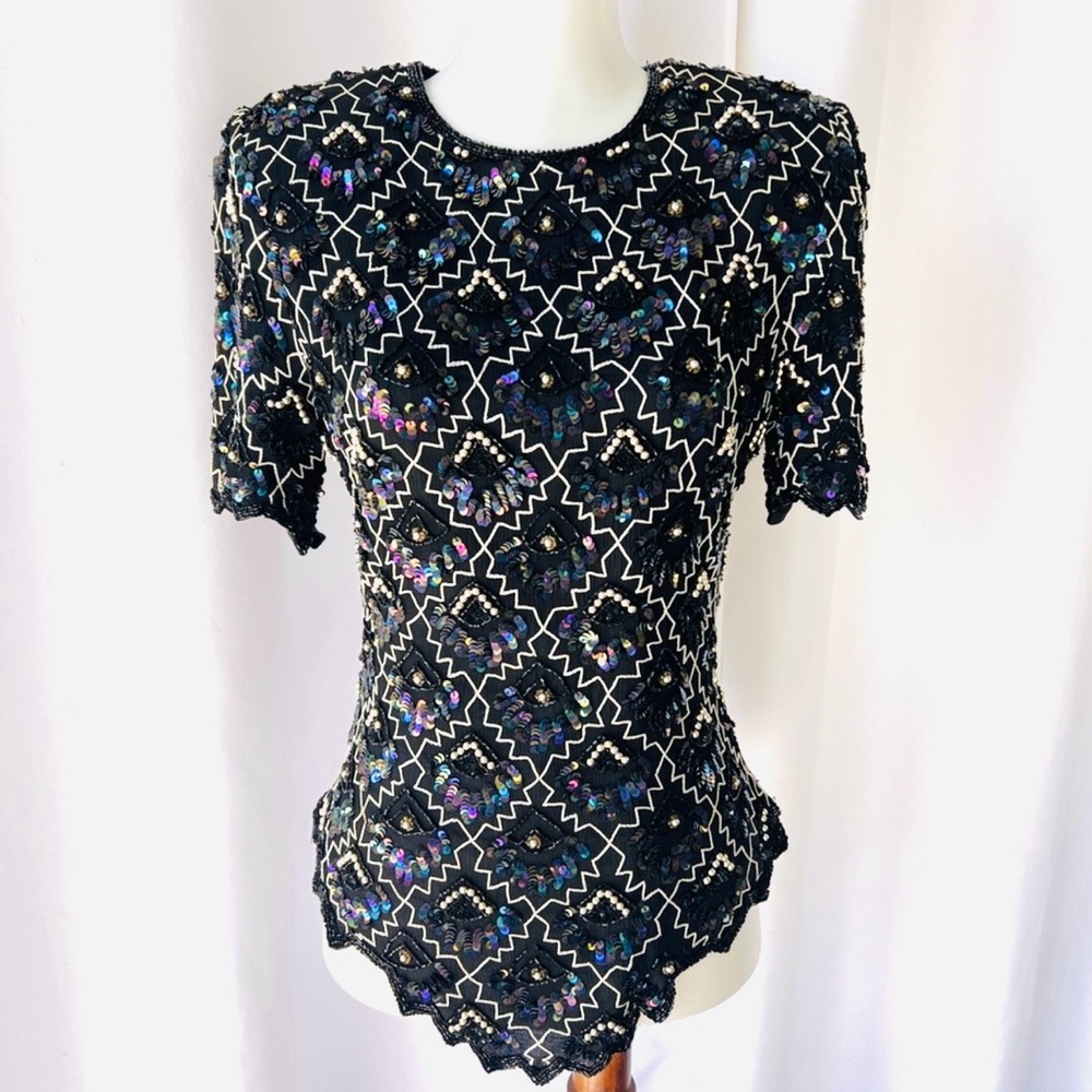 Vintage Laurence Kazar beaded sequin embellished black formal small